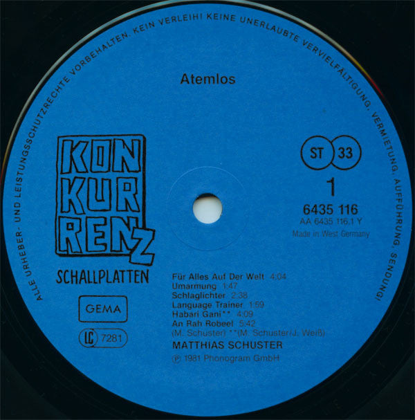 Matthias Schuster : Atemlos (LP, Album)