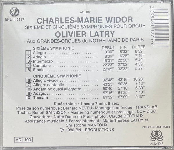 Charles-Marie Widor / Olivier Latry : 6ème Et 5ème Symphonies Pour Orgue (Aux Grandes Orgues De Notre-Dame De Paris) (CD, Album)