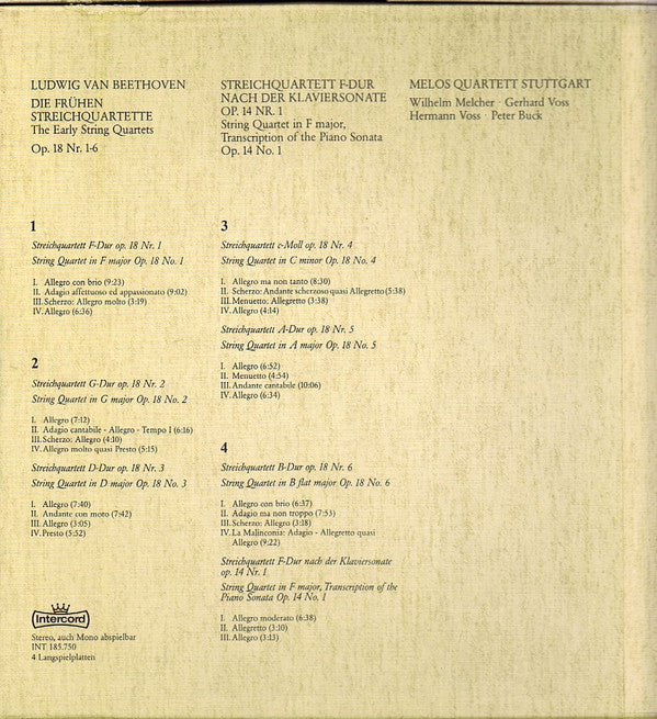 Ludwig Van Beethoven, Melos Quartett : Die Frühen Streichquartette Op. 18 Nr. 1-6 / Streichquartett F-Dur Nach Der Klaviersonate Op. 14 No. 1 (4xLP, RE)