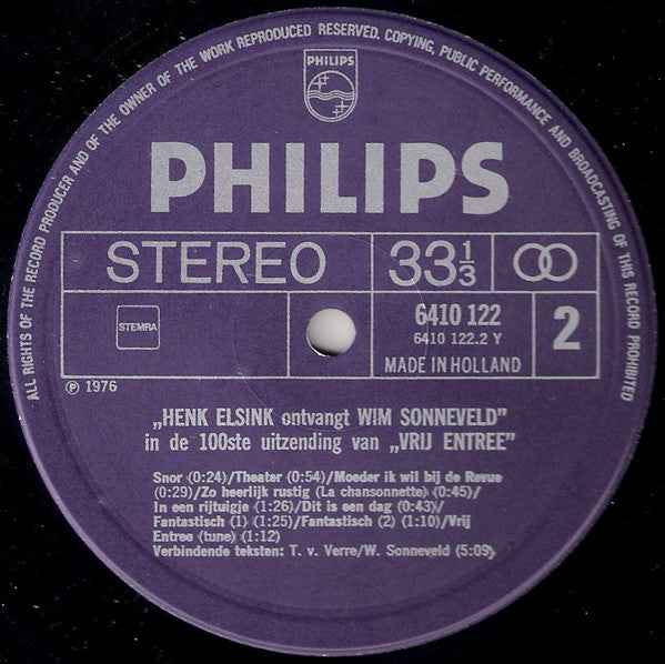 Henk Elsink Ontvangt Wim Sonneveld : In De 100ste Uitzending Van 'Vrij Entrée' (LP)