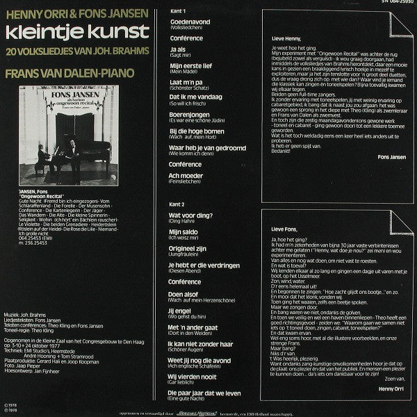 Henny Orri & Fons Jansen : Kleintje Kunst - 20 Volksliedjes Van Joh.Brahms (LP, Album)
