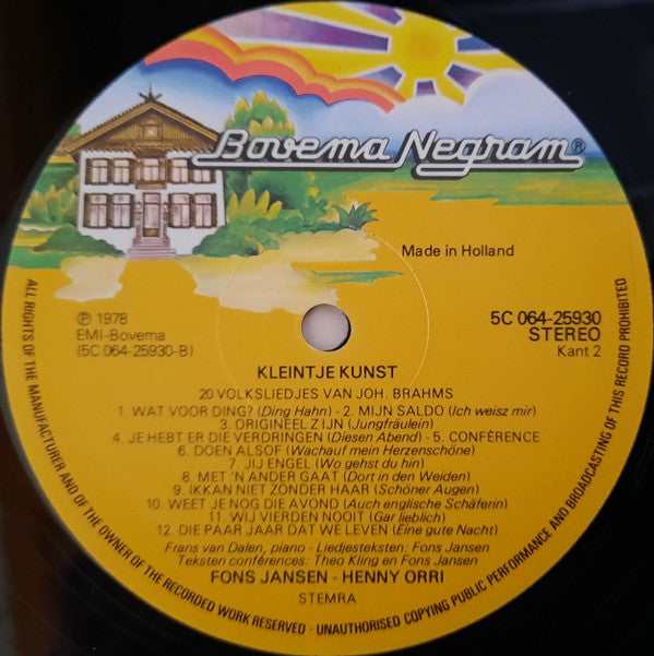 Henny Orri & Fons Jansen : Kleintje Kunst - 20 Volksliedjes Van Joh.Brahms (LP, Album)