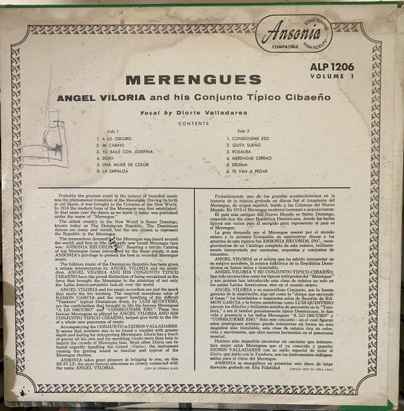 Angel Viloria Y Su Conjunto Típico Cibaeño , Canta:  Dioris Valladares : Merengues Vol. 1 (LP, Album, Mono, RE)
