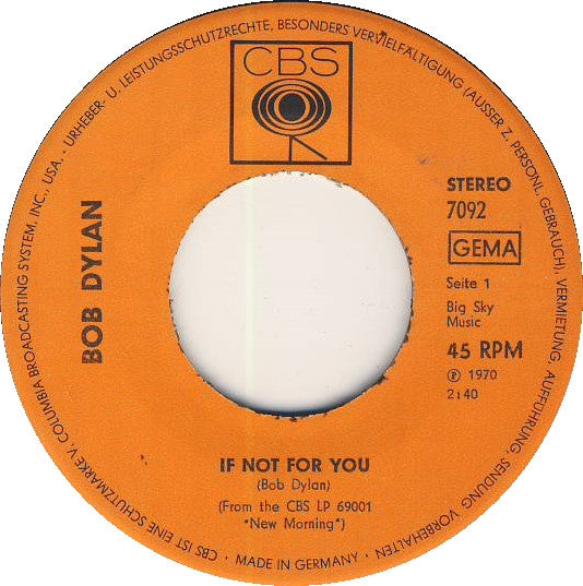 Bob Dylan : If Not For You (7", Single)