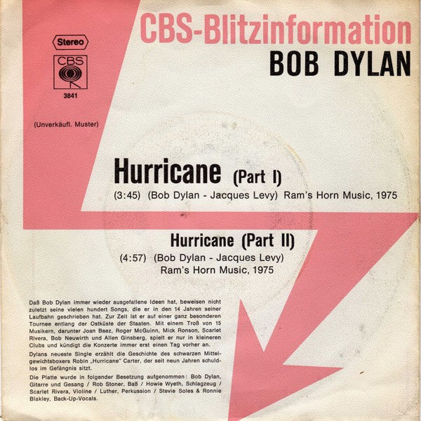 Bob Dylan : Hurricane (7", Single, Promo)