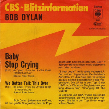 Bob Dylan : Baby Stop Crying (7", Single, Promo)