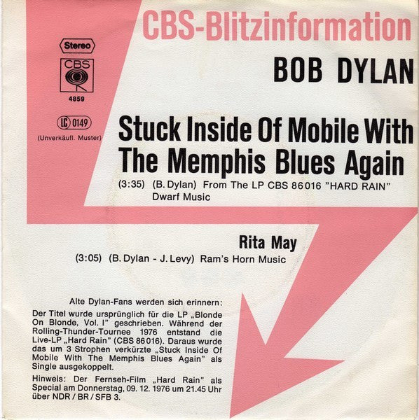 Bob Dylan : Stuck Inside Of Mobile With The Memphis Blues Again / Rita May (7", Single, Promo)