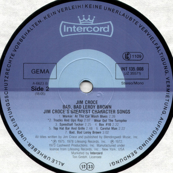 Jim Croce : Bad, Bad Leroy Brown / Jim Croce's Greatest Character Songs (LP, Comp)