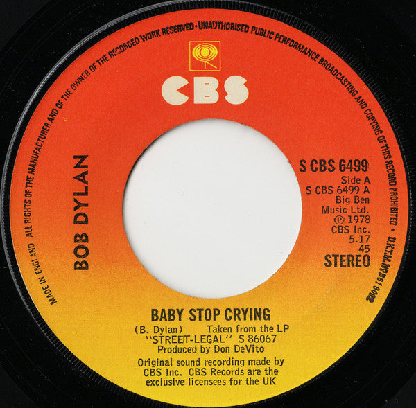 Bob Dylan : Baby Stop Crying (7", Single, Lar)