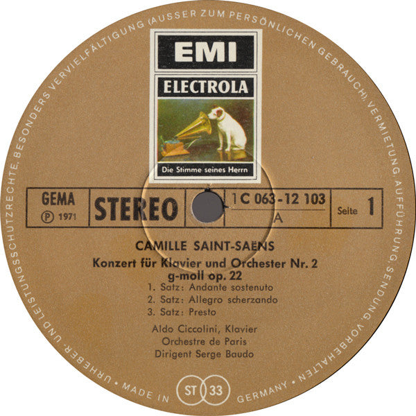 Camille Saint-Saëns - Aldo Ciccolini, Orchestre De Paris, Serge Baudo : Konzerte Für Klavier Und Orchester Nr.2 G-moll, Op.22 / Nr.4 C-moll, Op. 44 (LP, Album)
