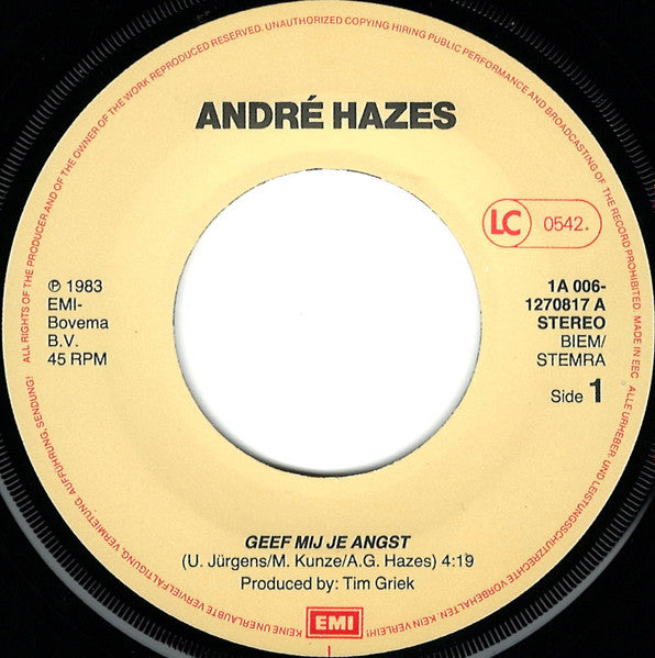 André Hazes : Geef Mij Je Angst (7", Single, Str)