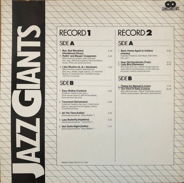 Miles Davis, Coleman Hawkins, Stan Getz, Don Byas, Kenny Clarke, John Coltrane : Jazz Giants (2xLP, Comp, Mono)
