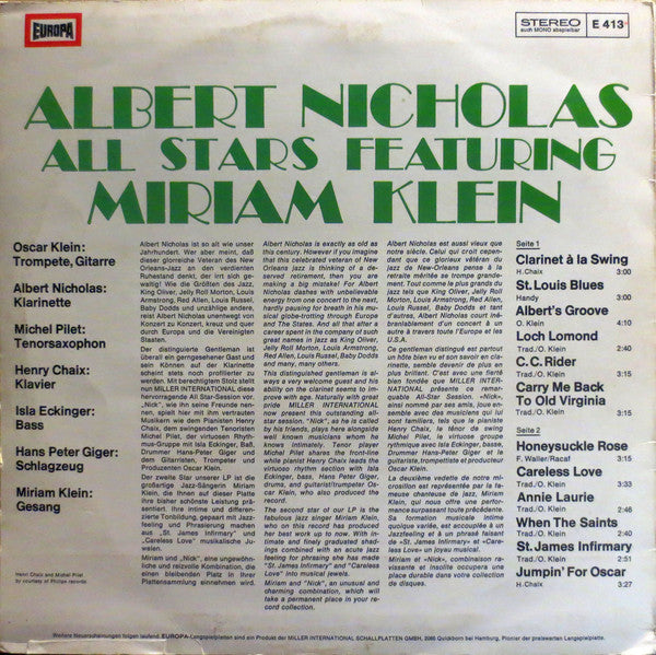 Albert Nicholas Featuring Miriam Klein : Albert Nicholas Featuring Miriam Klein (LP, Album)