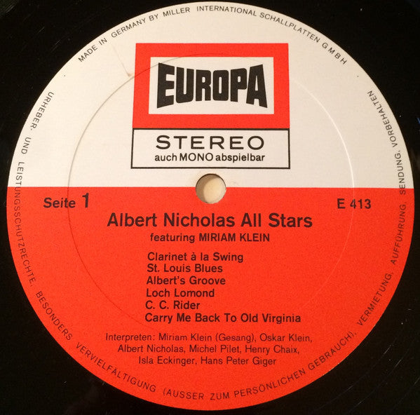 Albert Nicholas Featuring Miriam Klein : Albert Nicholas Featuring Miriam Klein (LP, Album)