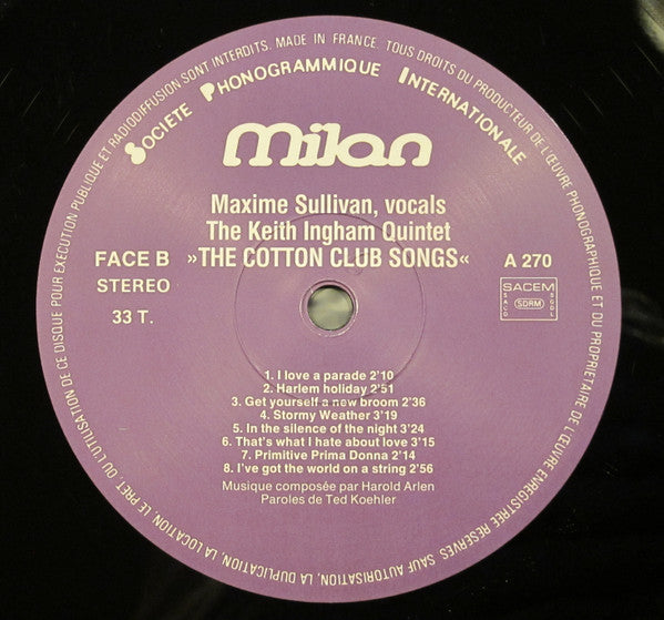 Maxine Sullivan : The Great Songs From The Cotton Club By Harold Arlen And Ted Koehler (LP, Album)