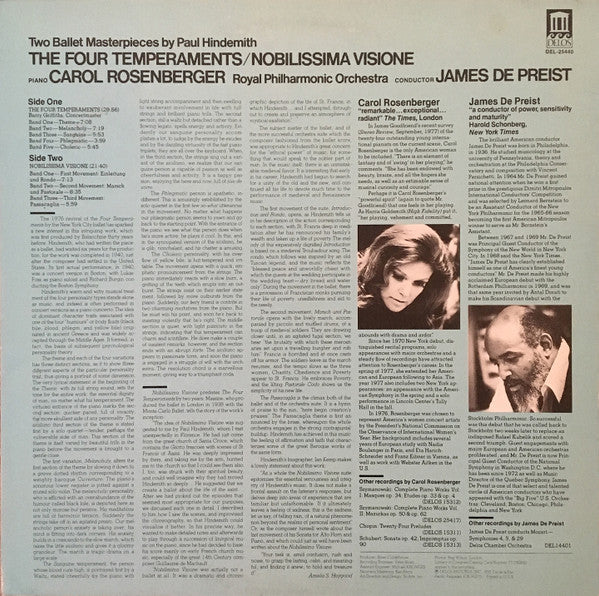 Paul Hindemith - Carol Rosenberger, Royal Philharmonic Orchestra, James DePreist : The Four Temperaments / Nobilissima Visione (LP)