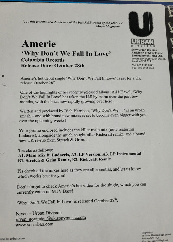 Amerie : Why Don't We Fall In Love (12", Promo)