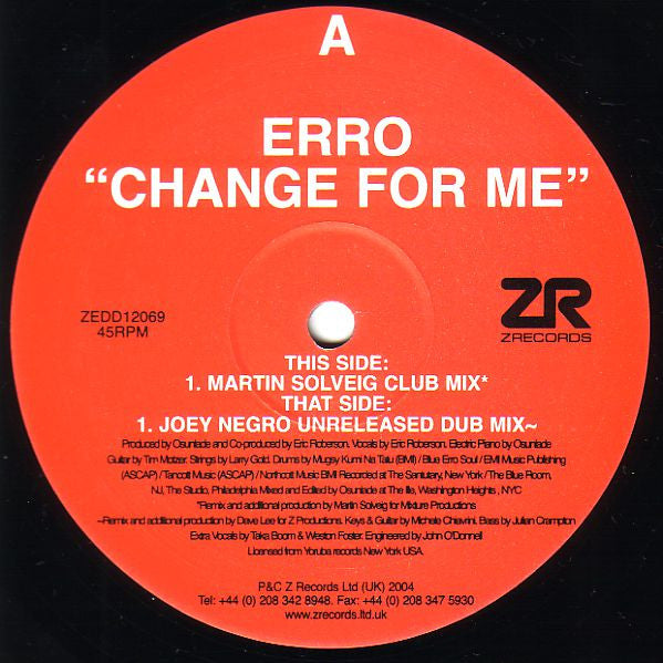 Erro : Change For Me (Martin Solveig & Joey Negro Mixes) (12")