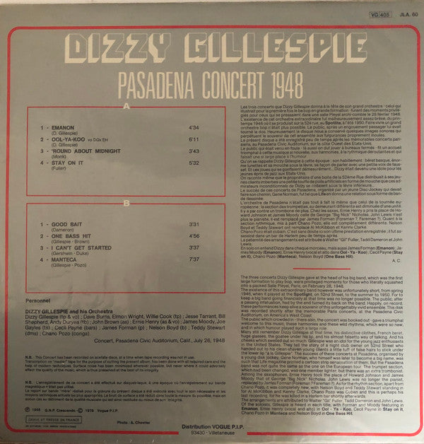 Dizzy Gillespie : Pasadena Concert 1948 (LP, Album, RE)