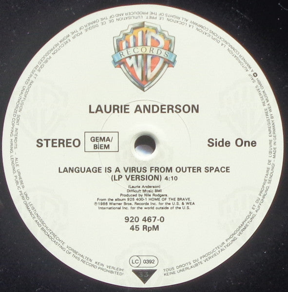 Laurie Anderson : Language Is A Virus From Outer Space (12")