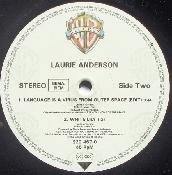 Laurie Anderson : Language Is A Virus From Outer Space (12")