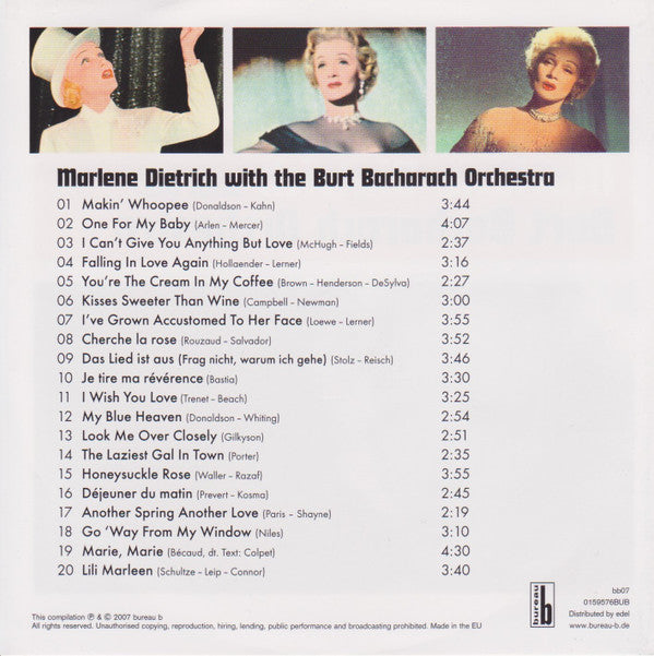 Marlene Dietrich With Burt Bacharach & His Orchestra : Marlene Dietrich With The Burt Bacharach Orchestra (CD, Comp, Promo)