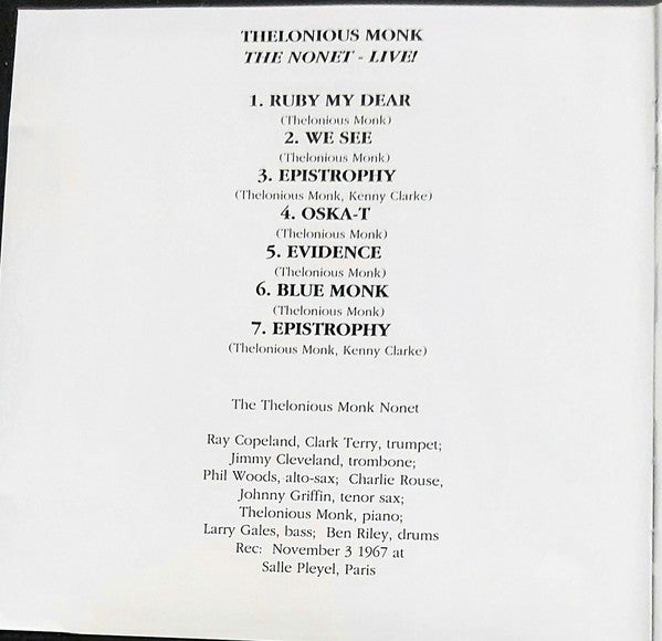 Thelonious Monk : The Nonet - Live! (CD, Album, RM)