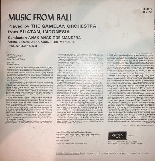 The Gamelan Orchestra From Pliatan, Indonesia : Music From Bali (LP, RE)