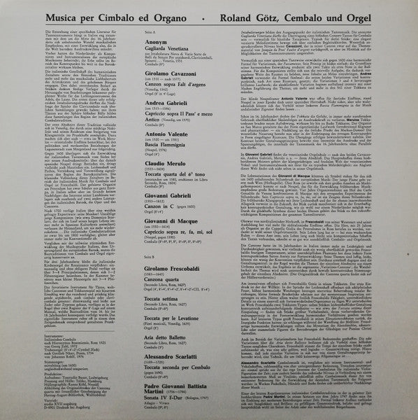 Roland Götz (2) : Musica Per Cimbalo Ed Organo (Italienische Musik Für Tasteninstrumente Aus Renaissance Und Barock) (LP)