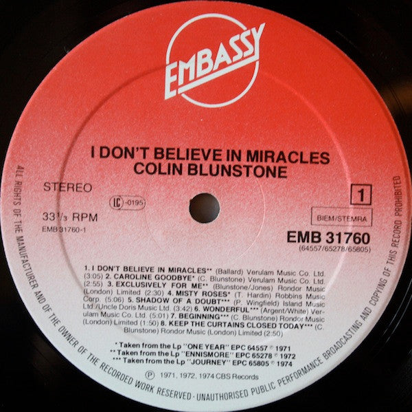 Colin Blunstone : I Don't Believe In Miracles (LP, Album, Comp)