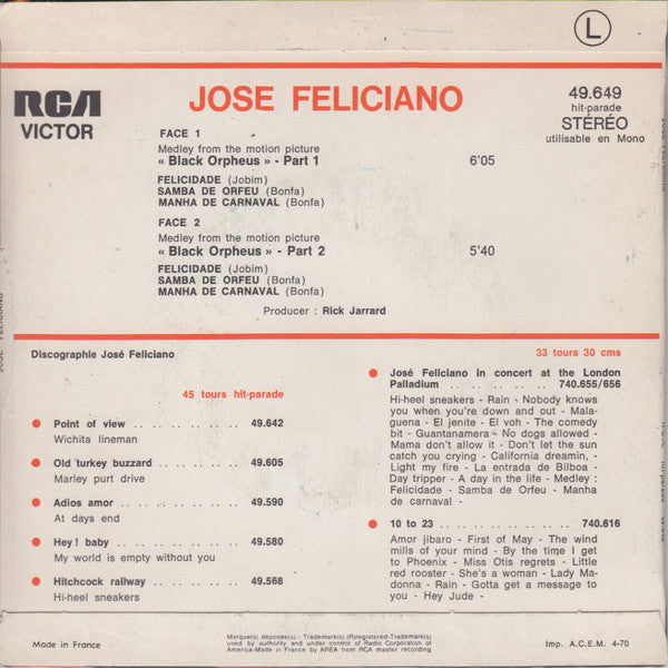 José Feliciano : Medley From The Motion Picture «Black Orpheus» (7", Single)