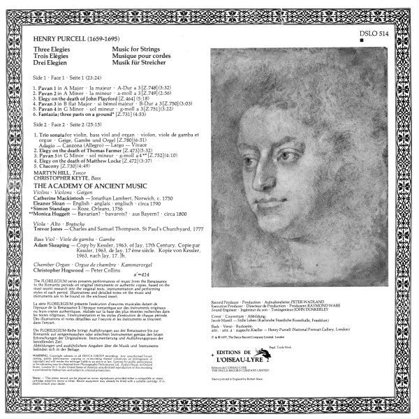 Henry Purcell - Martyn Hill, The Academy Of Ancient Music : Three Elegies & Music For Strings (LP)