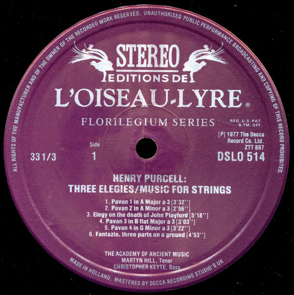 Henry Purcell - Martyn Hill, The Academy Of Ancient Music : Three Elegies & Music For Strings (LP)