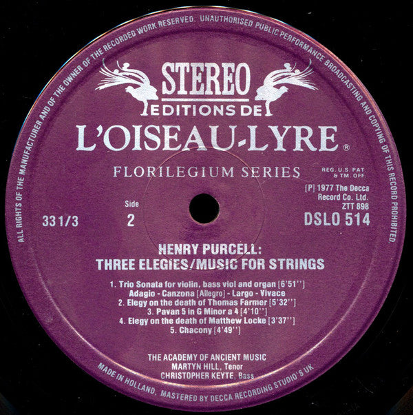 Henry Purcell - Martyn Hill, The Academy Of Ancient Music : Three Elegies & Music For Strings (LP)