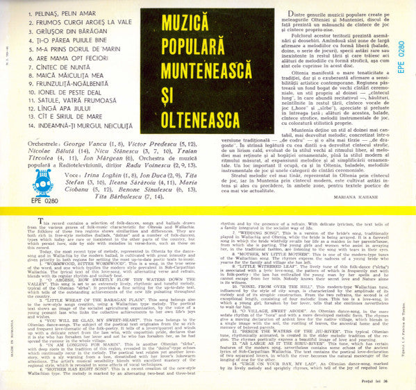 Various : Muzică Populară Muntenească Și Olteneasca (LP, Comp, Mono)
