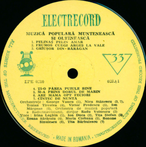 Various : Muzică Populară Muntenească Și Olteneasca (LP, Comp, Mono)