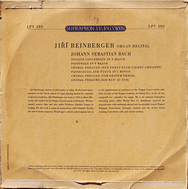 Jiří Reinberger, Johann Sebastian Bach : Organ Recital, Toccata — Pastorale — Passacaglia — Choral Preludes (LP, Mono)