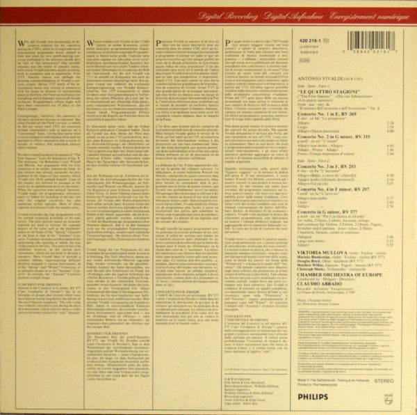 Antonio Vivaldi – Viktoria Mullova, The Chamber Orchestra Of Europe, Claudio Abbado : Le Quattro Stagioni = The Four Seasons = Die Vier Jahreszeiten / Concerto Per L’orchestra Di Dresda (LP, Album)