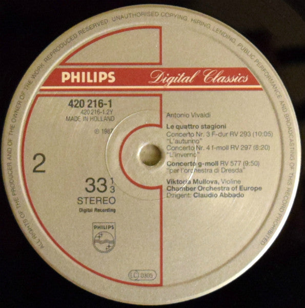 Antonio Vivaldi – Viktoria Mullova, The Chamber Orchestra Of Europe, Claudio Abbado : Le Quattro Stagioni = The Four Seasons = Die Vier Jahreszeiten / Concerto Per L’orchestra Di Dresda (LP, Album)