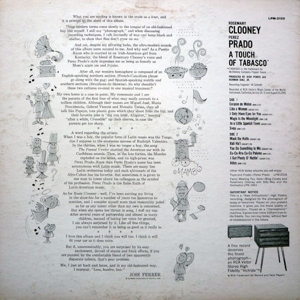 Rosemary Clooney / Perez Prado : A Touch Of Tabasco (LP, Album, Mono, Roc)