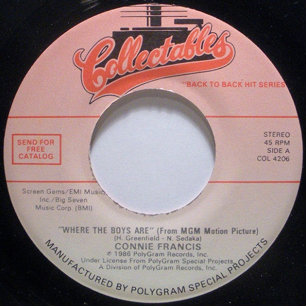 Connie Francis : Where The Boys Are / Who's Sorry Now (7", RE, Spe)