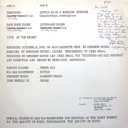 Harvey Kaiser, Wil Van Slogteren, Herbert Noord, John Engels : Live At De Kroeg (LP, Album)