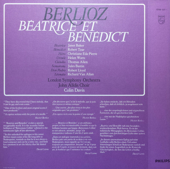Hector Berlioz - Janet Baker / Christiane Eda-Pierre / Helen Watts, Robert Tear / Thomas Allen / Robert Lloyd (4) / Jules Bastin, John Alldis Choir, London Symphony Orchestra, Sir Colin Davis : Béatrice Et Bénédict (2xLP + Box)