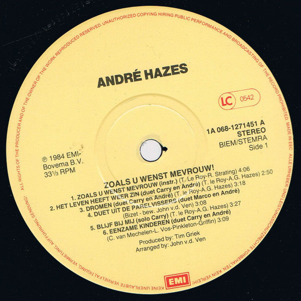 André Hazes : Zoals U Wenst Mevrouw! (LP, Album)