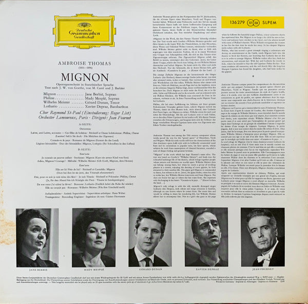 Ambroise Thomas, Jane Berbié, Mady Mesplé, Gérard Dunan, Xavier Depraz, Jean Fournet : Mignon (LP)