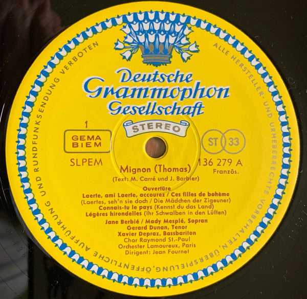 Ambroise Thomas, Jane Berbié, Mady Mesplé, Gérard Dunan, Xavier Depraz, Jean Fournet : Mignon (LP)