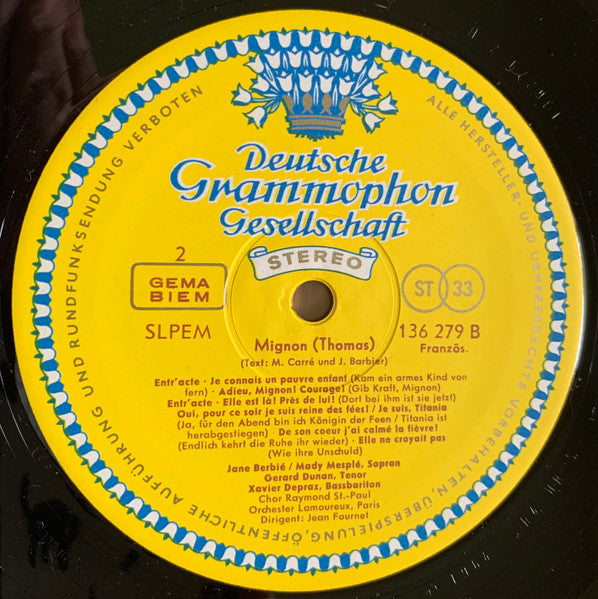 Ambroise Thomas, Jane Berbié, Mady Mesplé, Gérard Dunan, Xavier Depraz, Jean Fournet : Mignon (LP)