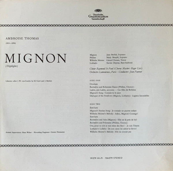 Ambroise Thomas, Jane Berbié, Mady Mesplé, Gérard Dunan, Xavier Depraz, Jean Fournet : Mignon (LP)