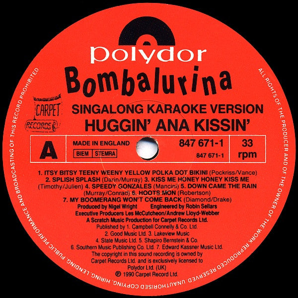 Bombalurina Featuring Timmy Mallett : Huggin' An'a Kissin' - Singalong Karaoke Version (LP)