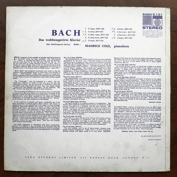Johann Sebastian Bach – Maurice Cole : Das Wohltemperirte Klavier Vol 1 (LP, RM)